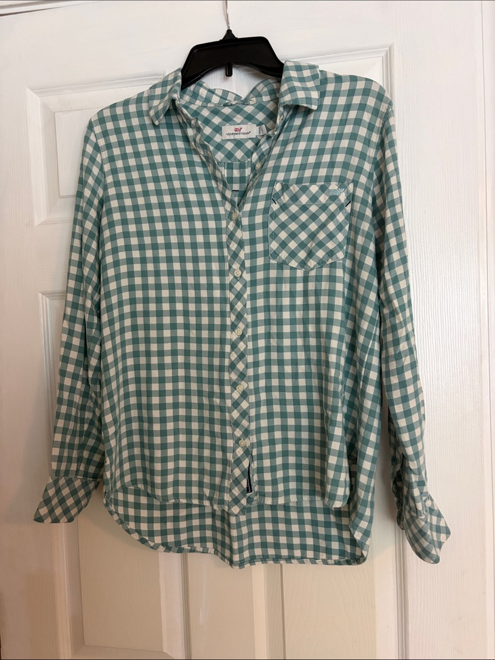 Vineyard Vines Teal and White Gingham Button-Down Shirt Women’s size 8